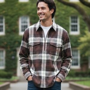 Mens Ralph Lauren LRL Brown Plaid Flannel Long Sleeve 1/2 Zip Shirt Medium